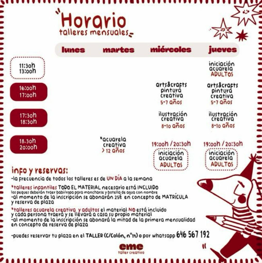 Horario de talleres mensuales y grupos de EME Taller Creativo