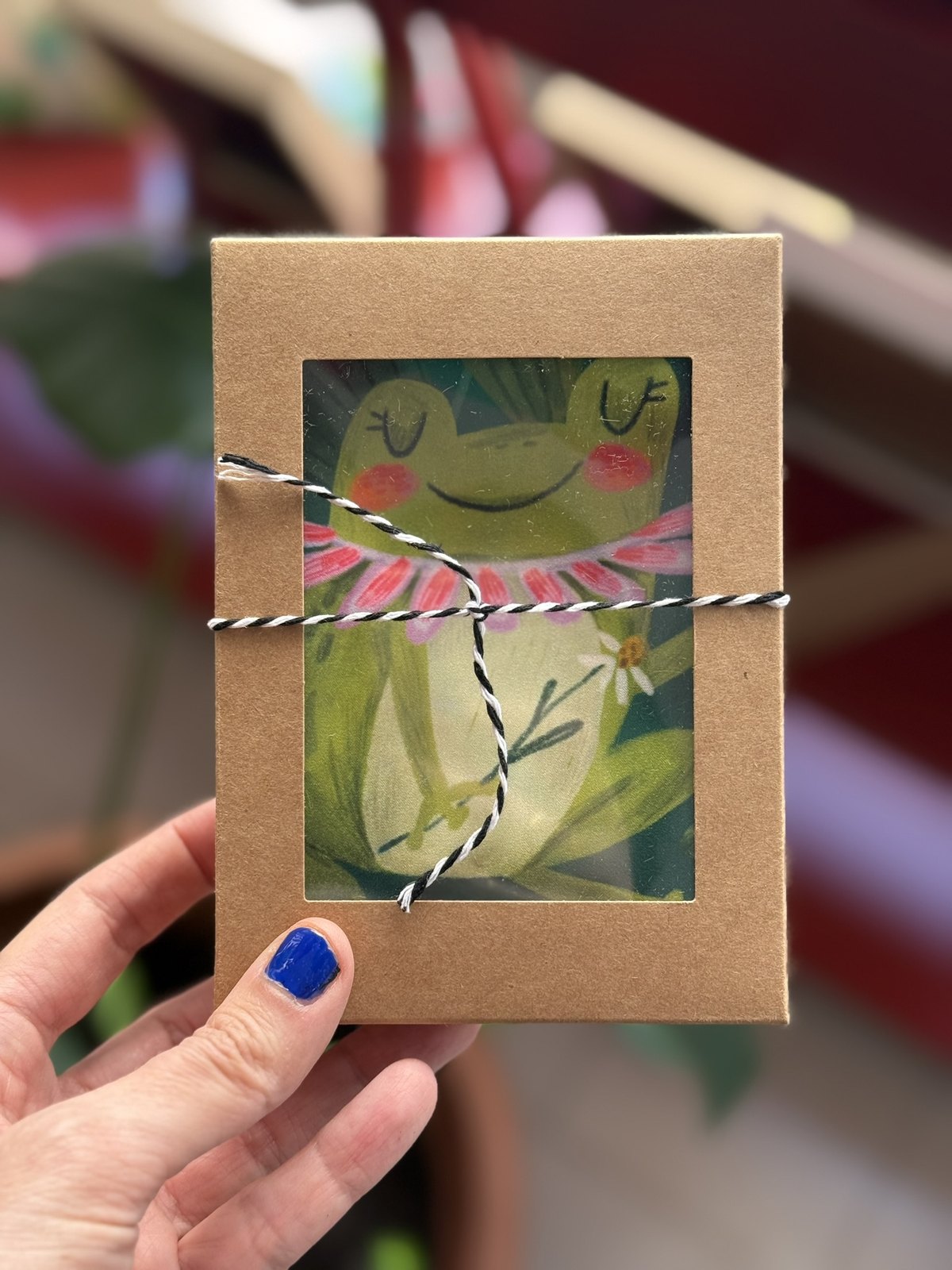Mini cuadro empaquetado con ilustración de una rana sonriente