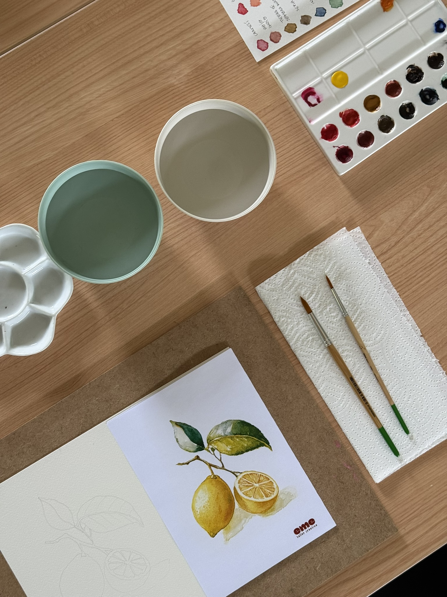 Materiales preparados para un taller de acuarela botánica con limones