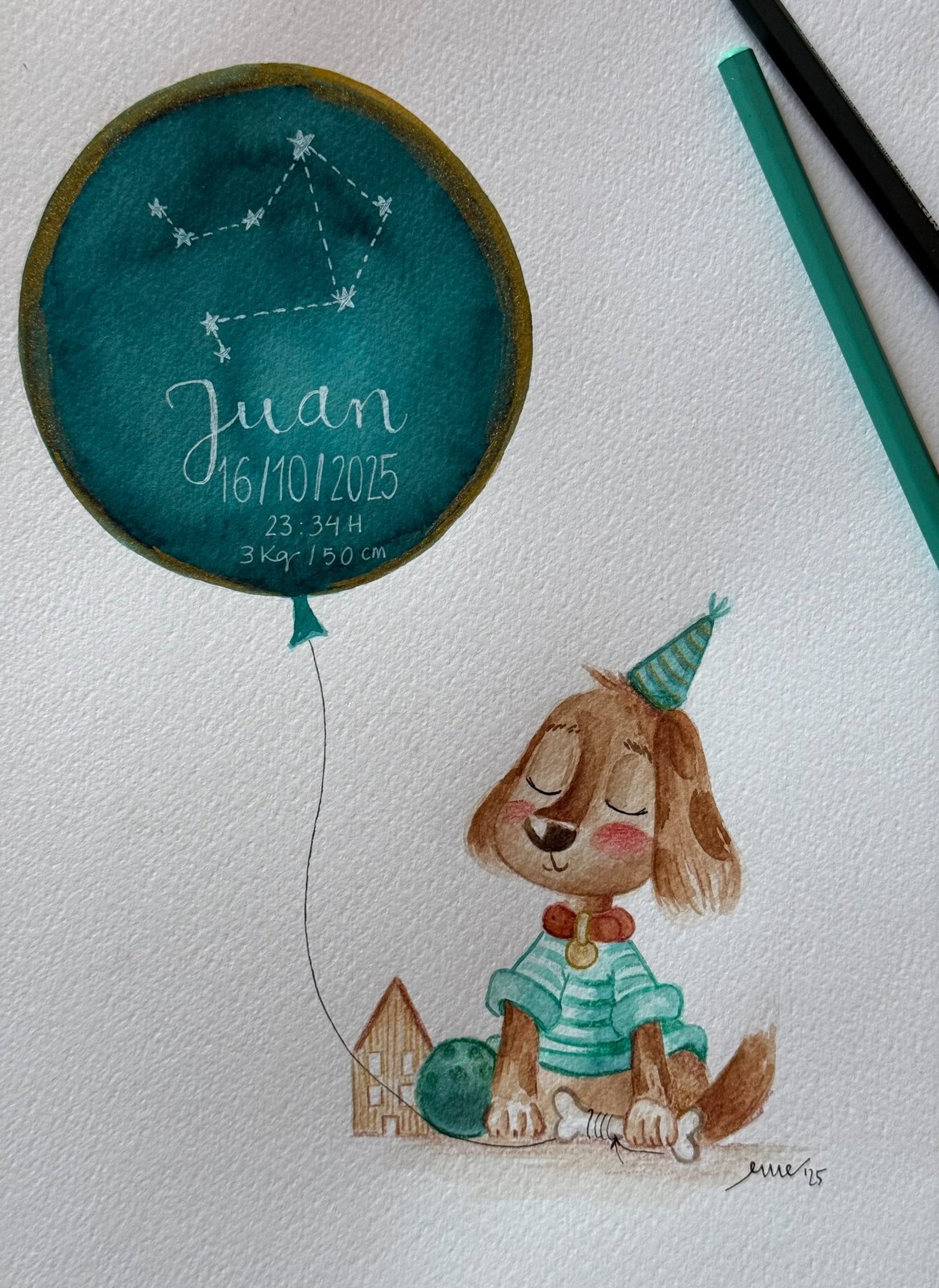Acuarela personalizada con perrito y globo